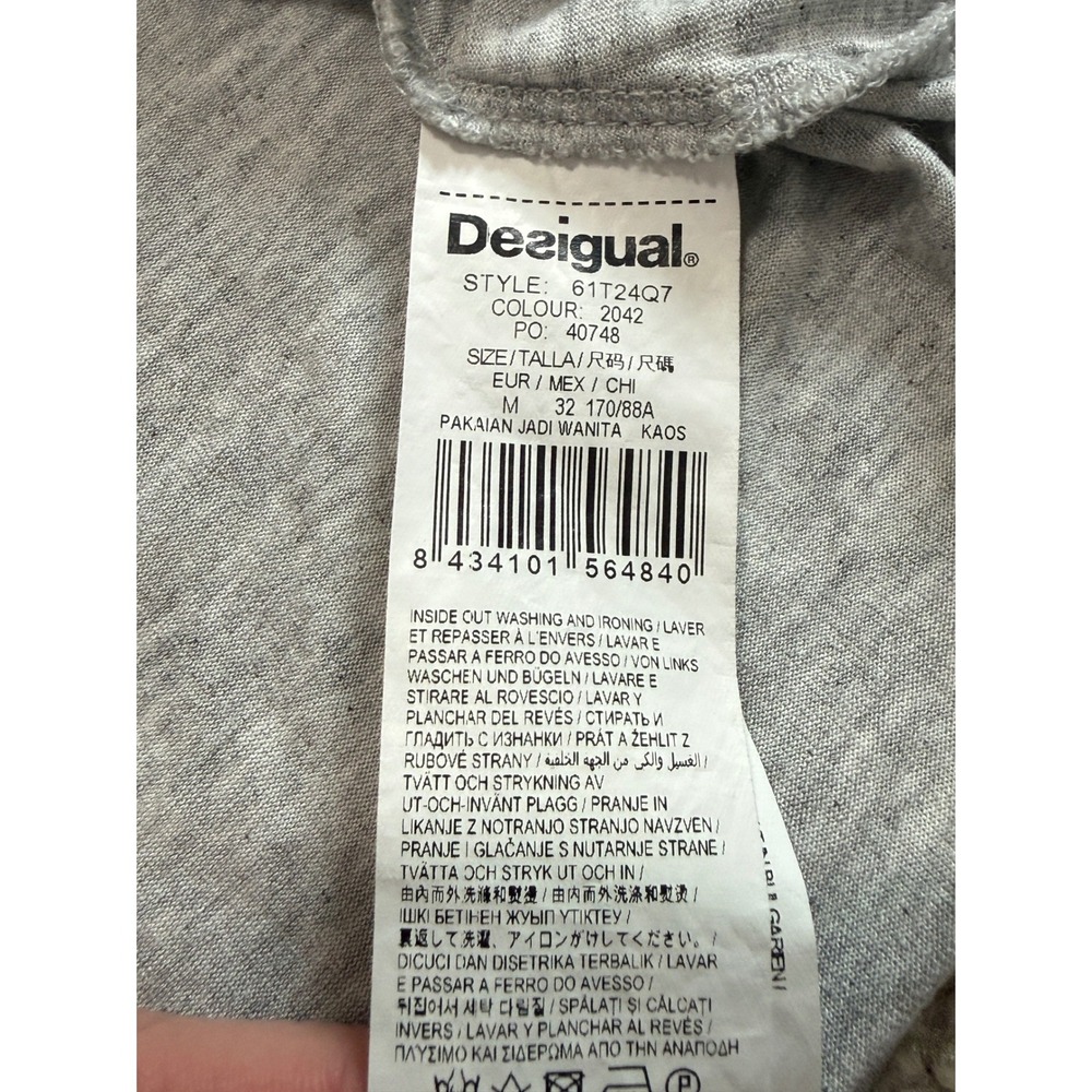 Desigual Scarf Fringe Top Women M Gray Floral Graphic Short Sleeve Excellent - Picture 9 of 10